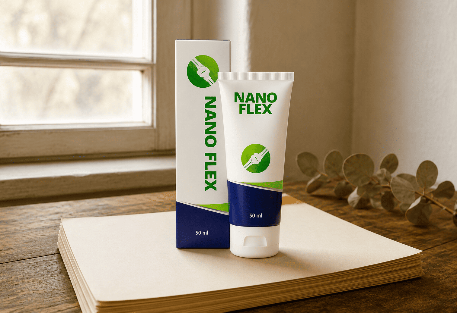 NanoFlex 50 ml-es tubus és kartondoboza asztalon
